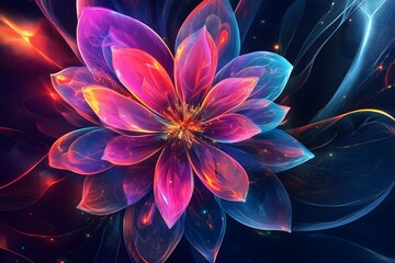 Poster - Abstract and artistic glowing flower with vibrant colors and intricate details on dark background