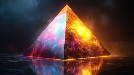 Fototapete - Luminous pyramid bisected by contrasting celestial textures and colors, reflective floor