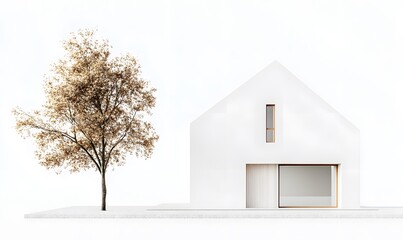 Poster - Minimalist white house model with autumnal tree.