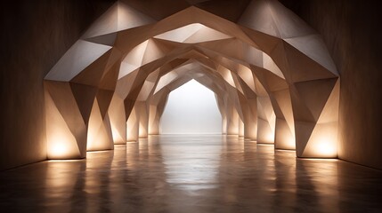 Poster - Geometric architectural tunnel with illuminating light, futuristic interior design