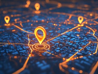 Poster - Digital city map with glowing route markers and navigation technology concept