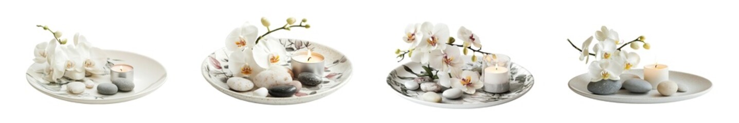 Poster - Set of decorative tray adorned with white orchids and smooth stones isolated on transparent background
