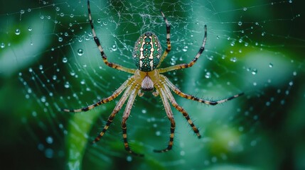 Wall Mural - Close-up view of a spider in a glistening web.