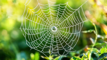 Wall Mural - Delicate spiderweb, glistening with morning dew drops.
