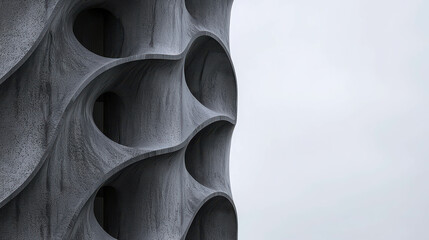 Wall Mural - abstract architectural design with textured concrete waves and openings against gray sky