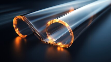 Poster - Abstract translucent tubes with orange glowing edges on dark background. It can symbolize technology, innovation, communication, or advanced materials.