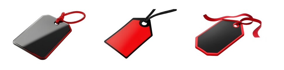 Set of tags of red and gray colors with a transparent background, showing various shapes.