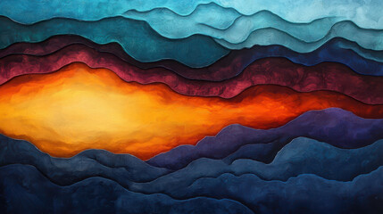Poster - Abstract Waves in Vibrant Tones Reflecting a Dramatic Sunset over a Serene Landscape