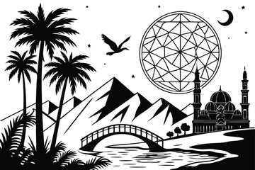 70 black and white illustration, fantastical landscape, mountains, full moon, stars, flying birds, a