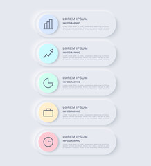 Poster - Neumorphism vertical infographic template with five steps or options. Business or marketing infographic with icons
