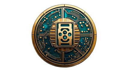 Gold blue circuit coin, electronic structure technology, cut out transparent