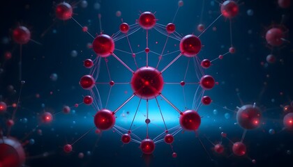 Poster - A detailed rendering of interconnected red spheres against a blue gradient background in a network