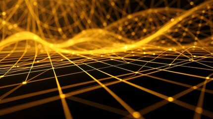 Poster - Golden waves of interconnected lines create an abstract masterpiece depicting digital flow and energy at twilight