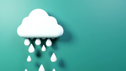 Three dimensional white cloud with raindrops against teal background