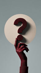 Poster - Red textured hand holding a beige circle with a maroon question mark, symbolic of inquiry, mystery, or seeking answers, perfect for conceptual design