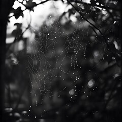 Dew Kissed Spiderweb in Monochrome Nature s Intricate Design Captured in Black and White Photography