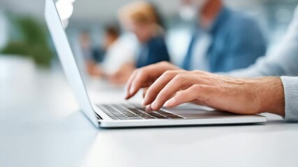Poster - Man is typing on a laptop in front of a group of people. The laptop is open and the man's hand is on the keyboard. The people in the background are looking at the laptop