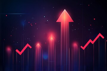 Poster - Red Glowing Arrows Rising Above Dark Cityscape