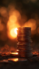 Poster - high stack of coins at sunset, reflecting the warm light, symbolizing wealth, growth, and financial 