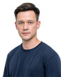 © Phanupong - Portrait of a Young Attractive Man with Short Brown Hair Wearing a Navy Blue T Shirt isolated on transparent background