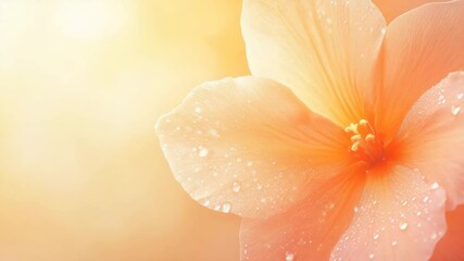 Poster - Peach colored flower petals glistening with dew drops catch the morning sunlight, creating a serene and peaceful atmosphere against a softly blurred background