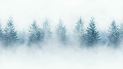 Poster - Coniferous trees blanketed in snow rise from a thick fog. Creating an enchanting winter forest landscape filled with mystery and tranquility. Frosty air and serene scenery evoke a magical wonderland