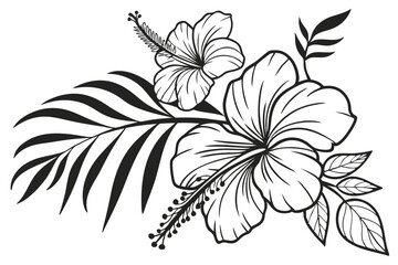 Naklejka na meble 88 Detailed black and white floral illustration, intricate line art, botanical drawing, hibiscus flower, large petals, stamen, tropical foliage, delicate leaves, zentangle-inspired patterns, high cont