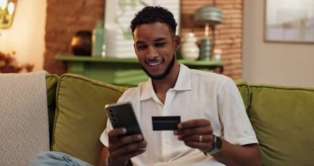 Fototapete - Man, smartphone and credit card for ecommerce in home, relax on sofa with online shopping or subscription payment. Mobile app, banking or fintech for happy male consumer with web store discount