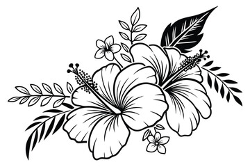 Naklejka na meble 88 Detailed black and white floral illustration, intricate line art, botanical drawing, hibiscus flower, large petals, stamen, tropical foliage, delicate leaves, zentangle-inspired patterns, high cont