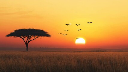 Poster - Warm sunlight illuminates golden savanna with acacia tree at sunset, birds flying in the colorful sky creating a peaceful and evocative african landscape