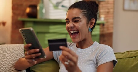 Aufkleber - Woman, phone and credit card for ecommerce in house, sale with online shopping or subscription payment success. Mobile app, banking or fintech for happy person with web store discount and transaction