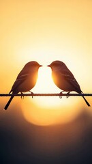 Poster - Two birds perching on a wire at sunset, forming a heart shape with the sun nestled between them, beautifully symbolizing love and connection found in nature