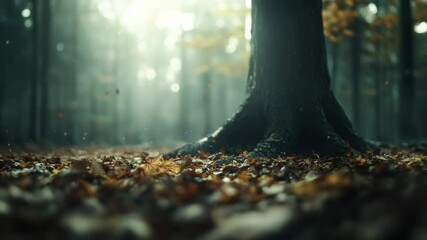 Poster - Warm sunlight filters through trees in a misty autumn forest, illuminating falling leaves dancing in the gentle breeze, creating a magical and serene atmosphere