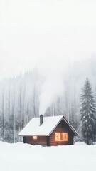 Poster - Smoke rising from the chimney of a cozy wooden cabin nestled in a snow covered forest, creating a warm and inviting scene in a winter wonderland landscape