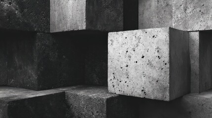 Poster - Concrete cubes stacking in gray tones, forming minimalist architectural pattern with sharp geometric design and textural interplay