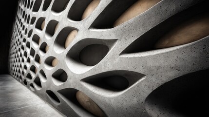 Poster - geometric concrete wall with irregular perforations casting intricate shadows on a warm wooden surfa