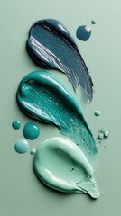 Poster - Turquoise, green, blue paint strokes splashing, dripping across pale green surface, forming vibrant artistic abstract composition