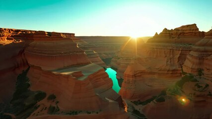 Poster - Geometric Canyon Landscape at Dawn with Radiant Orange and Teal Hues