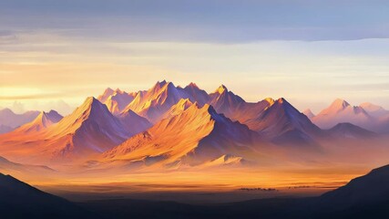 Poster - Warm sunlight illuminates a majestic mountain range, casting long shadows across the desert valley below, creating a breathtaking panorama of nature's beauty and tranquility