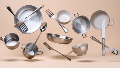 a collection of kitchen utensils flying on beige background