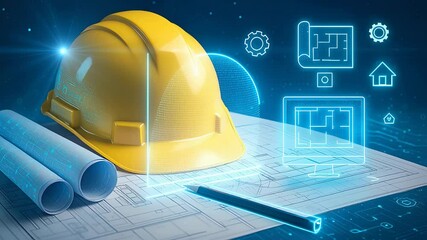 Yellow Safety Helmet and Blueprint with Digital Architecture Icons Representing Building Plan, Drafting and Construction Concept

