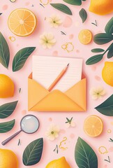Fototapete - A letter surrounded by citrus fruits, flowers, and leaves
