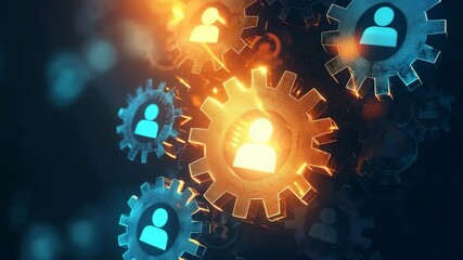Poster - Digital representation of human connections with gears and icons symbolizing teamwork, collaboration, and innovation in a futuristic setting