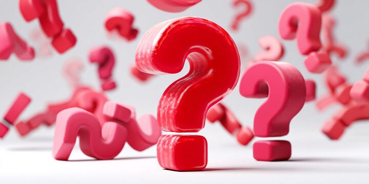 Red question marks floating, 3D rendered, showcasing inquiry, uncertainty, or question-and-answer concept