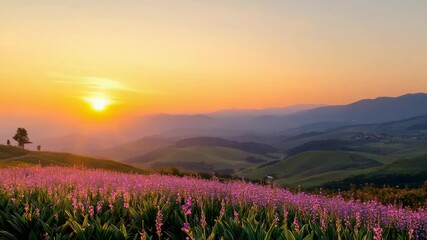 Poster - Golden sunrise illuminates a vibrant field of purple flowers in the foreground, with layers of rolling green hills and distant mountains creating a breathtaking panoramic landscape
