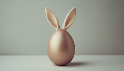 Poster -  minimalist golden easter egg with textured bunny ears against soft gray background, perfect for branding, web design, or print media