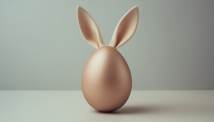 Poster -  minimalist golden easter egg with textured bunny ears against soft gray background, perfect for branding, web design, or print media