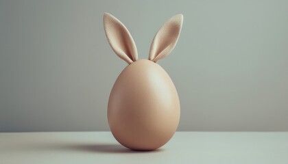 Poster -  minimalist golden easter egg with textured bunny ears against soft gray background, perfect for branding, web design, or print media