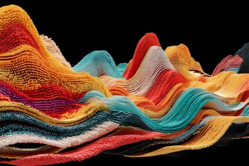 Poster - Abstract colorful waves surface formed from small dots on black background. Textured elevation map with gradient.