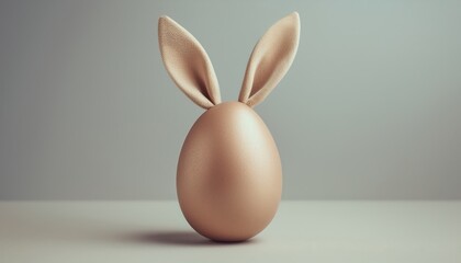 Poster -  minimalist golden easter egg with textured bunny ears against soft gray background, perfect for branding, web design, or print media